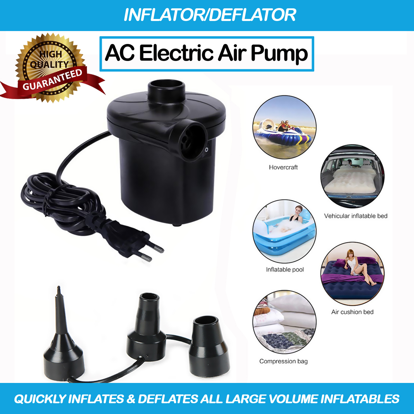 Electrical Air Pump, Quickly Inflates & Deflates All Large Volume Inflatables