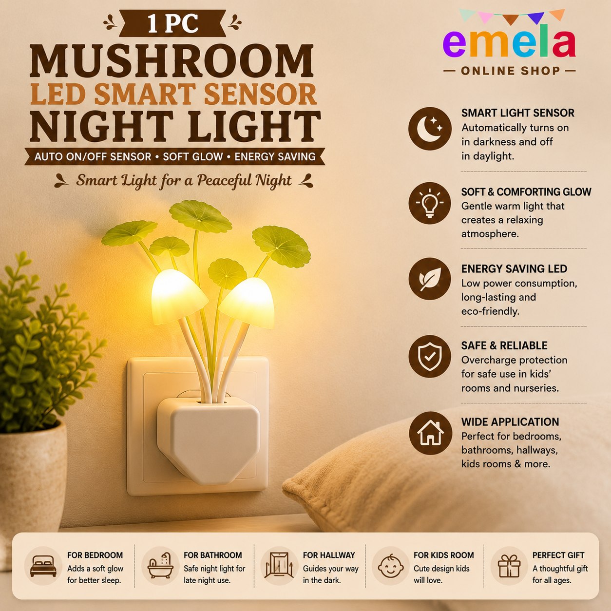 Romantic Colorful Changing Sensor LED Mushroom Night Light Wall Lamp ( automatic off in day light.) |
