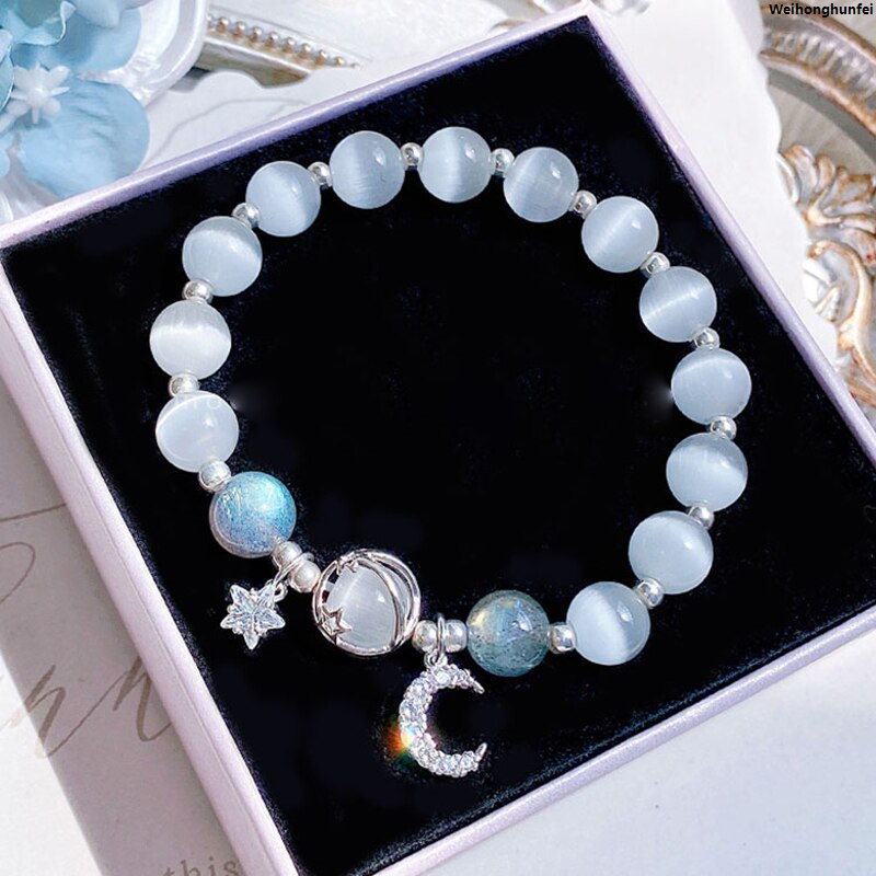 WeihonghunfeiFifty percent discount Blue Purple Color Opal Stone Bracelet For Women Girls Shiny Crystal Bracelets Moon Star Pendant Bangles Wristband Jewelry