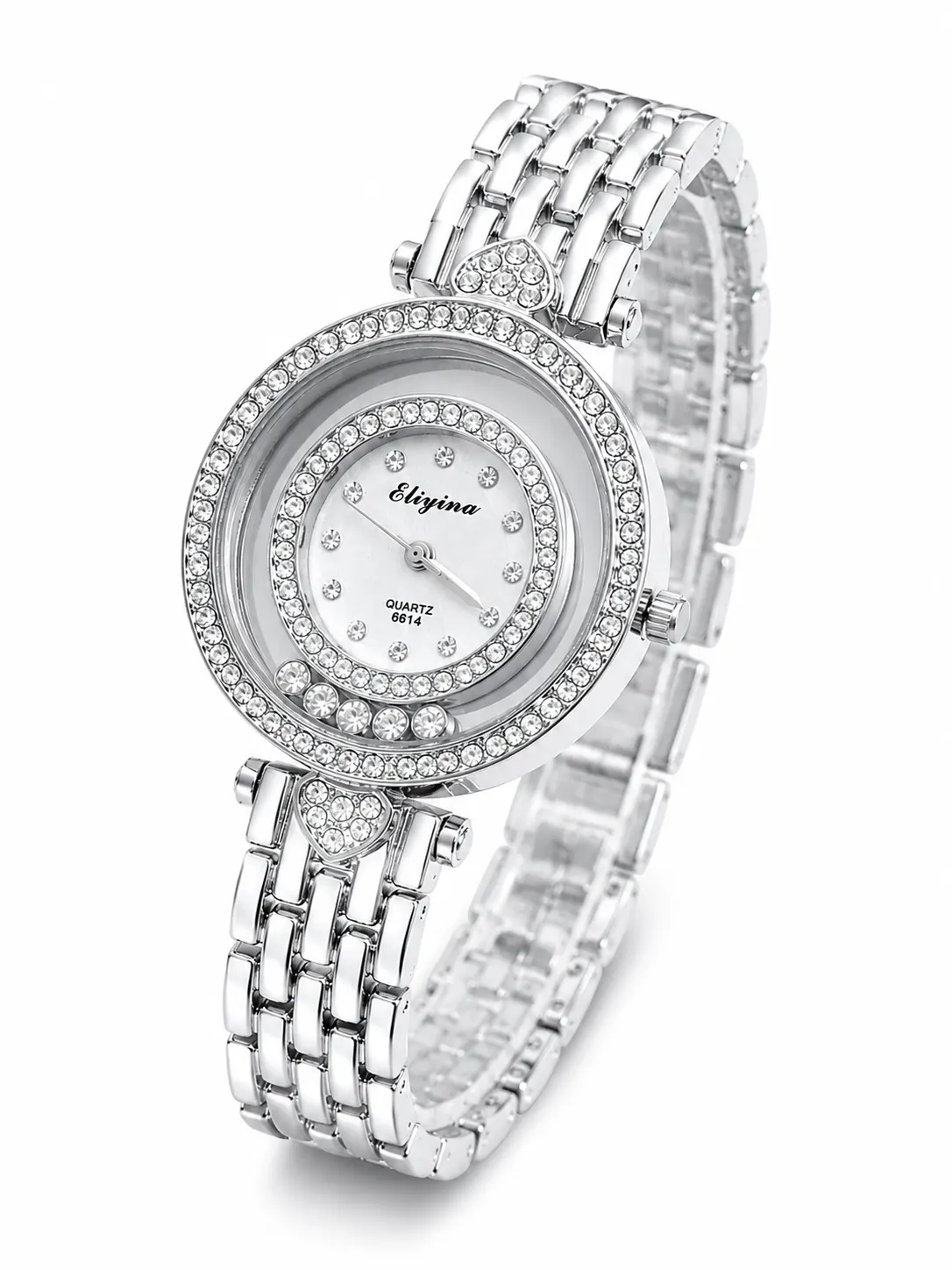 Silver Stainless Steel Eliyina Luxury Silver Moving Crystal Watch for Women - Dancing Diamond Heart Design - Jewelry Bracelet Watch || Sold By Watch House - image 1