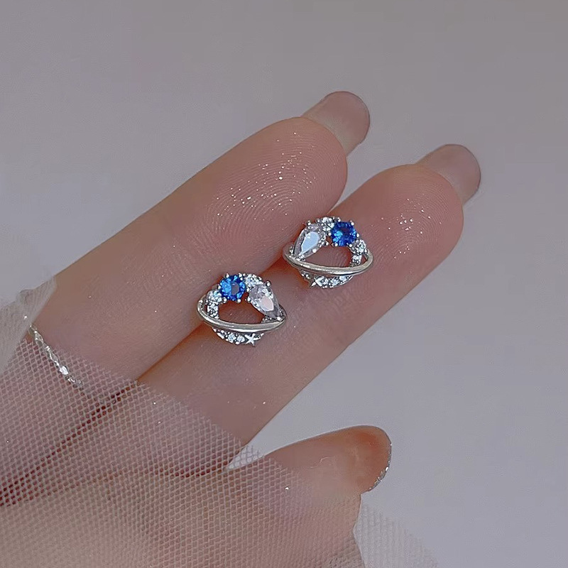 【New arrivals】Blue Planet Earrings Women's Summer Light Luxury Fantasy Zircon Universe Galaxy Earrings Flash Diamond Surround Star Earrings