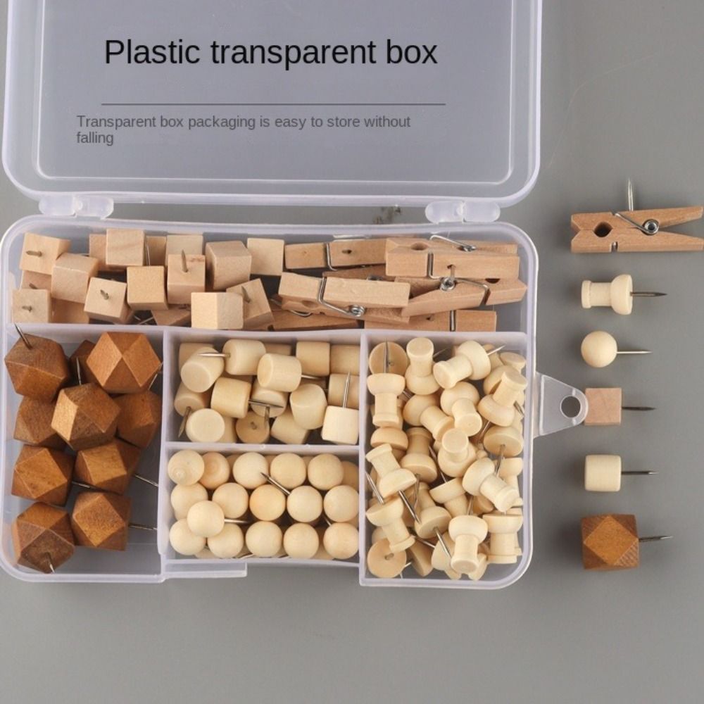 128Pcs Home Decoration Creative Wooden Push Pins 3D DIY Blackboard Push Pins Reusable with Box Thumb Tacks Stationery
