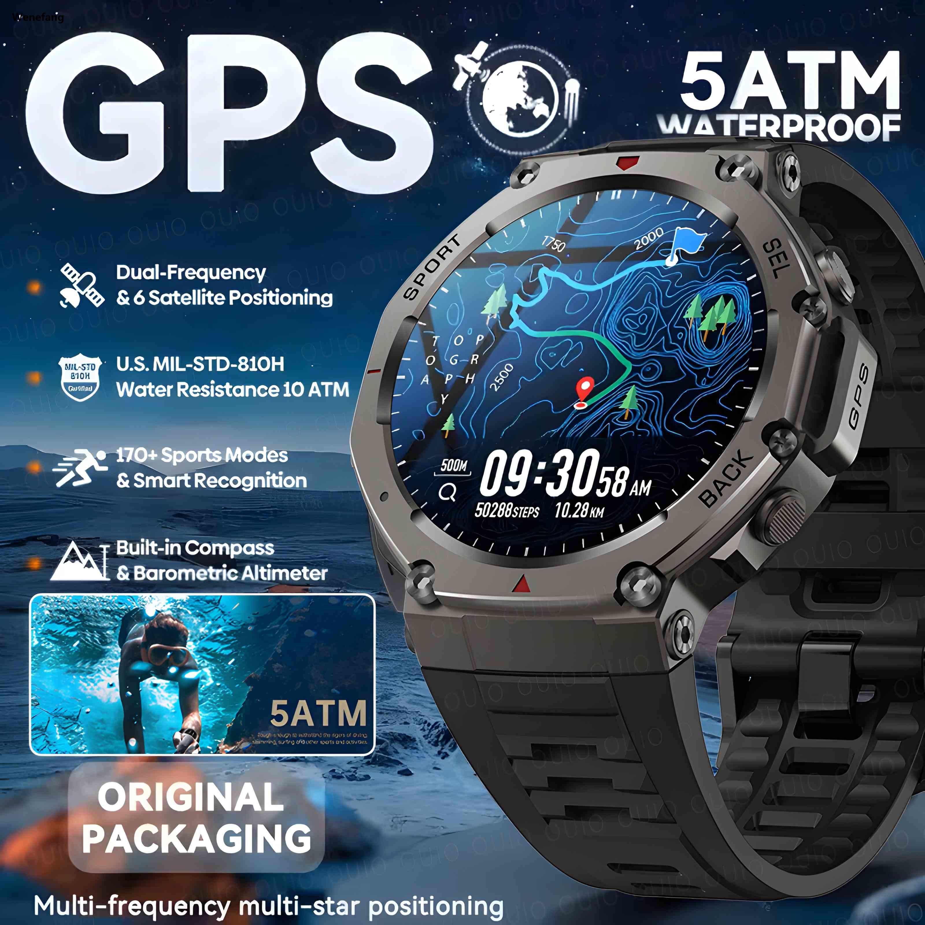 Wenefang 2025 New For HUAIWE GPS Smart Watch Men 5ATM IP69K Waterproof Smart 2025 Watches Compass Altimeter Barometric 1.43'' AMOLED Bracelet