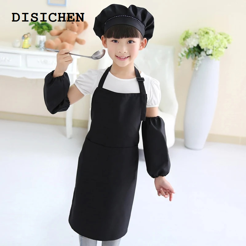 DISICHEN 【2025 Version】 Children Apron Kids Sleeves Hat Set Big Pocket Kitchen Baking Painting Cooking Craft Art Bib Pinafore 9 Colors Print Logo