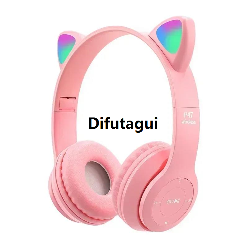 Difutagui 2025 NEW P47M Wireless Headphone Flash Light Cute Cat Ears Phone with 2025 New Mic Control LED Stereo Music Helmet Phone Bluetooth Headset Gift