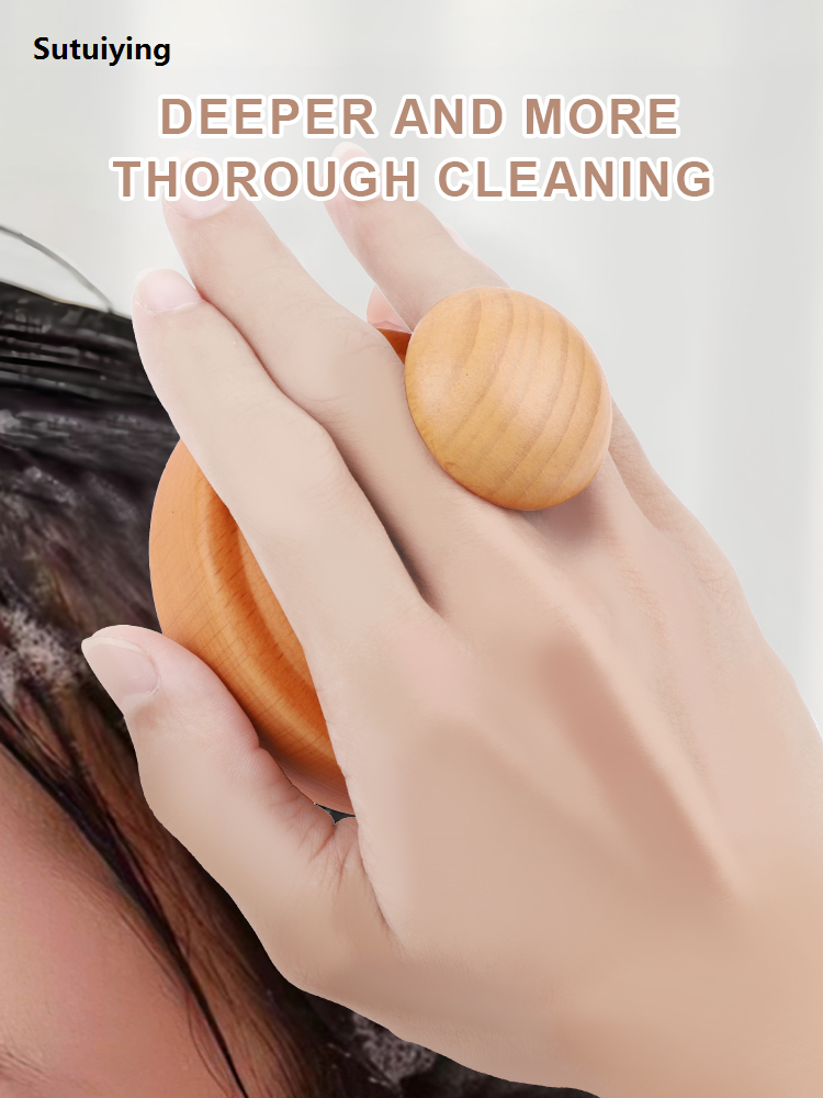 Sutuiying Silicone Shampoo Brush Wood Handle Scalp Massage Comb Women Hair Original Washing Comb SPA Bath Shower Brush Salon Hairdressing Tool
