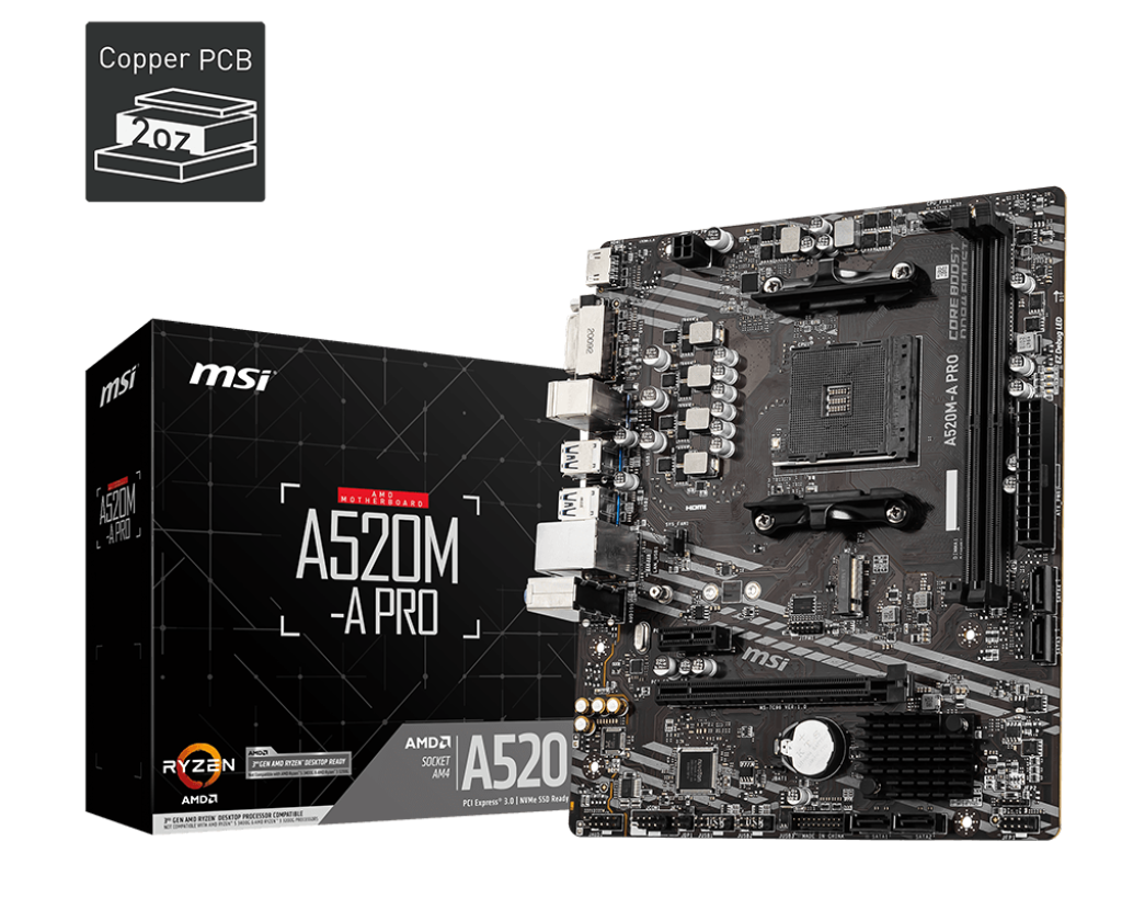 MSI A520M Pro Motherboard (AM4 Processor Support | DDR4 | 1x M.2 SSD Slot | M-ATX)