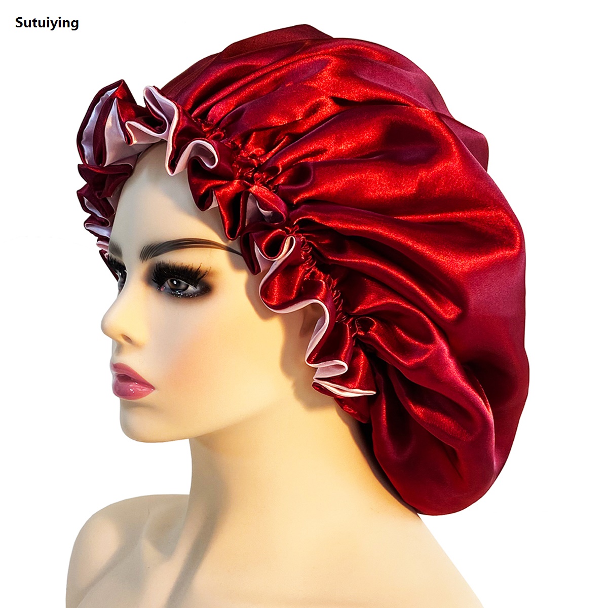 Sutuiying 1PC New Women Solid Reversible Satin Bonnet For Curly Hair Cap High Quality Double Layer Sleep Cap Elastic Hair Cap Haircare Night Hat