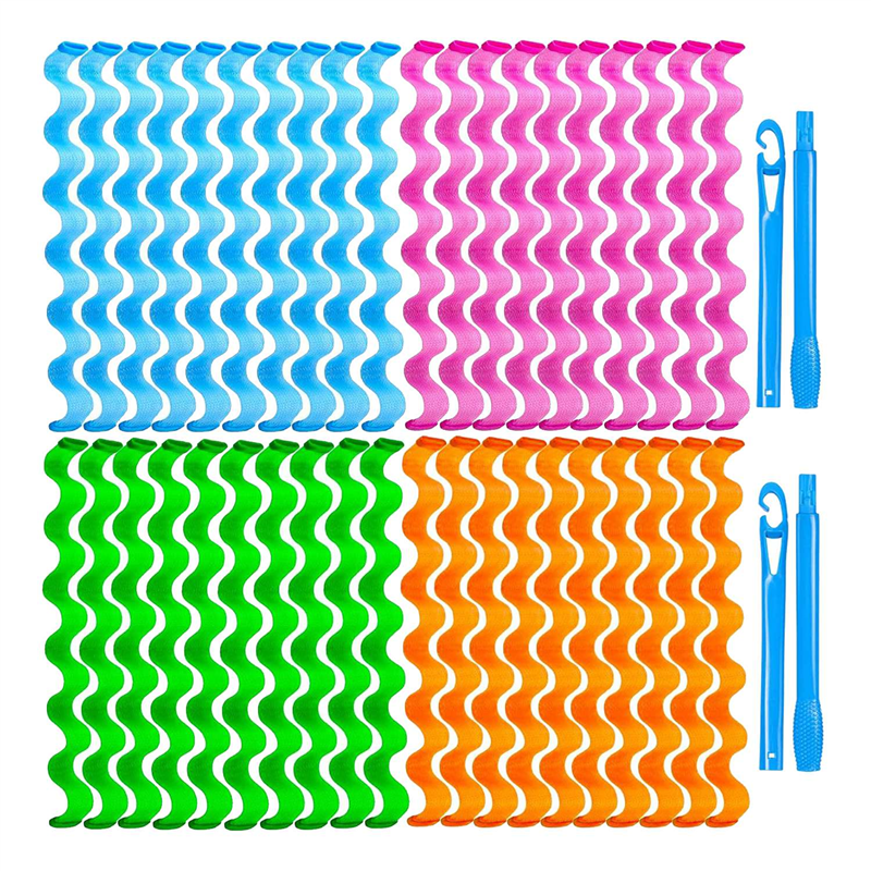 40 PCS Heatless Waves Hair Curler, Blue & Rose Red & Green & Orange Polyester with 2 Sets of Styling Hooks, Heatless Curls
