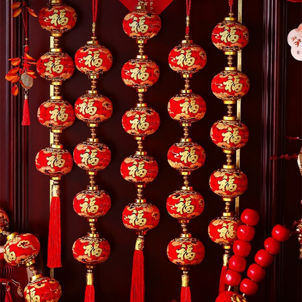 Decorative Chinese Style New Year Lantern String Traditional Handmade Door Lantern Pendant with Tassels Fu Character Red Ball Lantern String Window