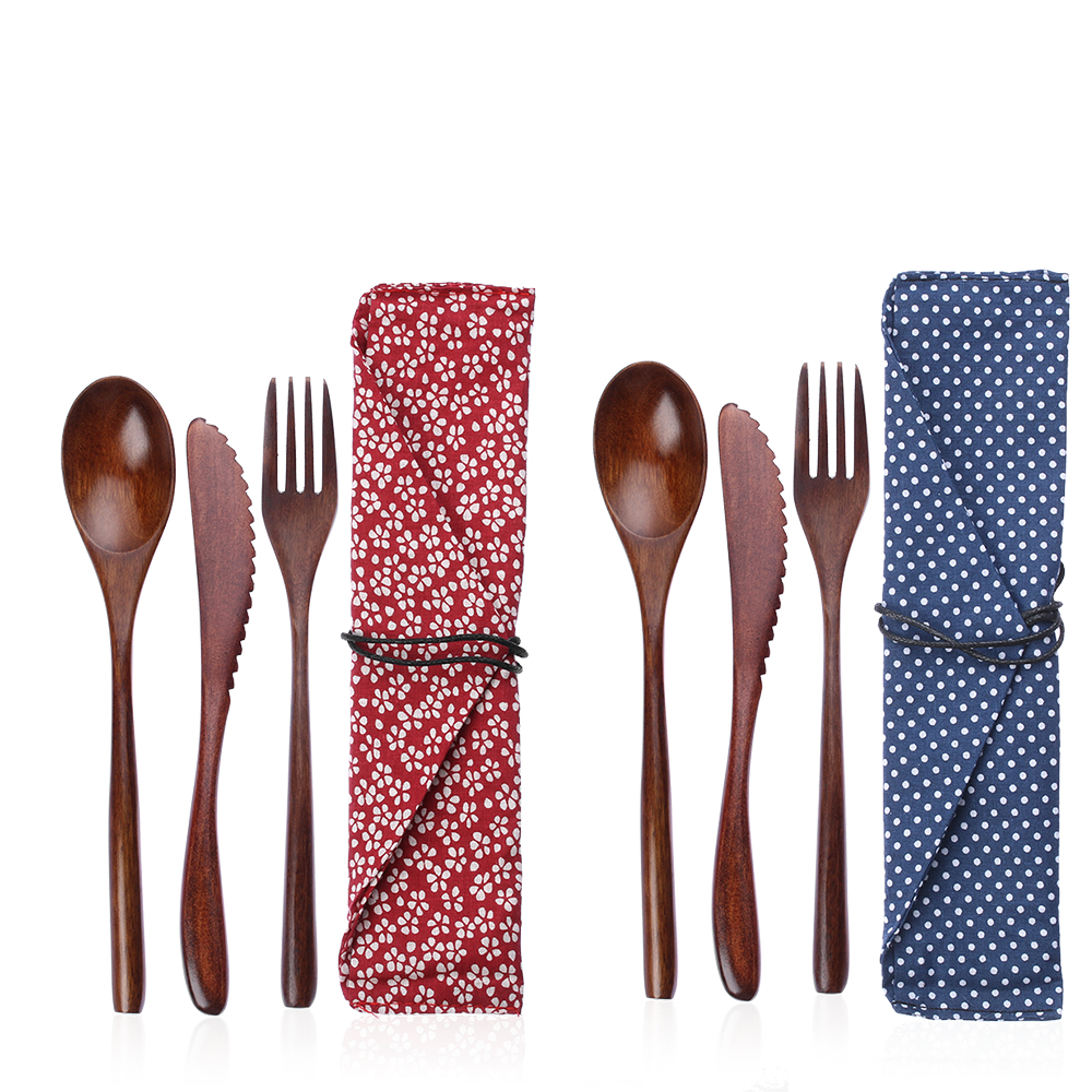 New Cutter Portable With Bags Bamboo Flatware Reusable Wooden Cutlery