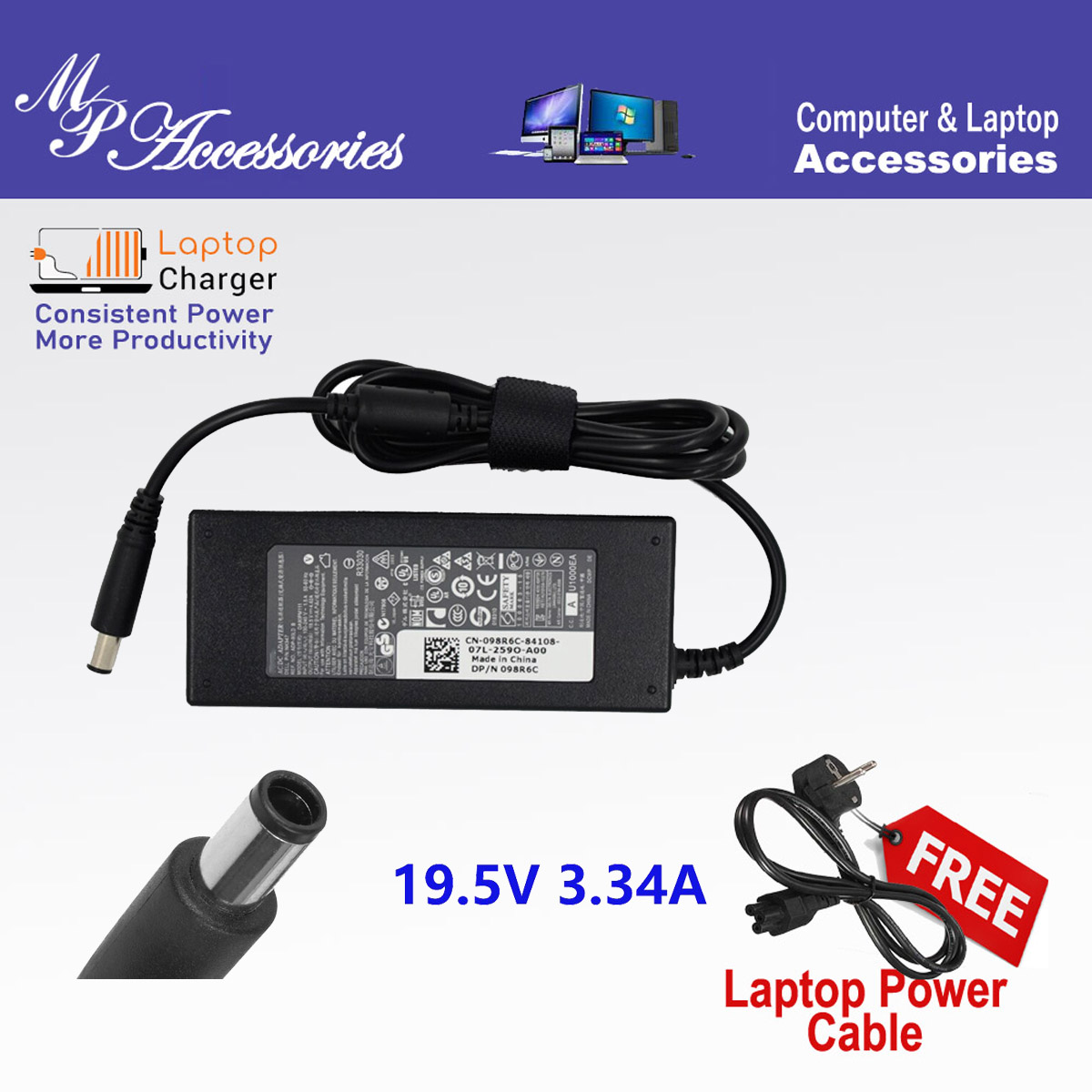 Adapter For DELL 19.5V/3.34A Laptop 65W Big Pin