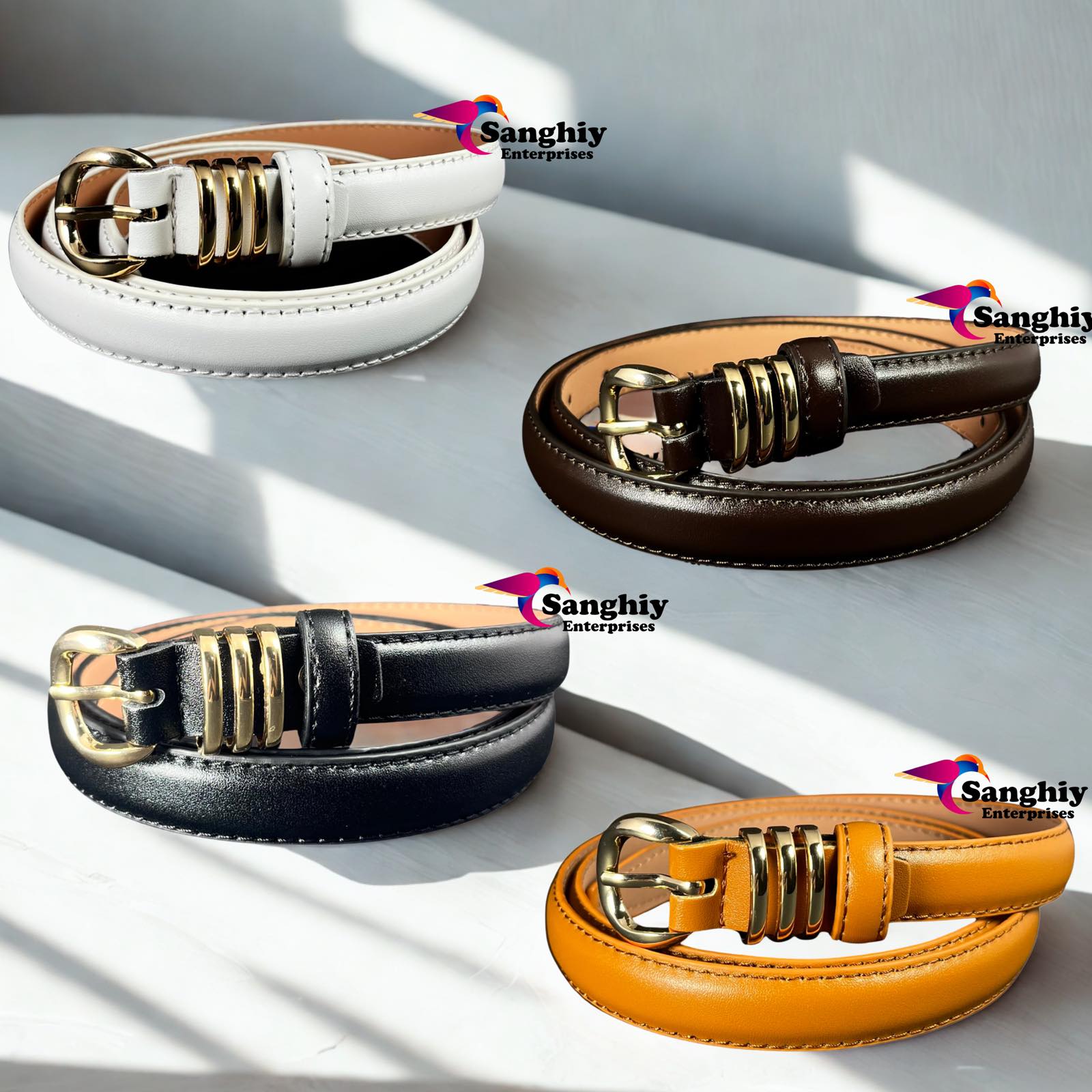 Women Skinny Leather Belt Ladies Black Thin Waist Belt for Dresses Jeans Pants with Gold Buckle and Metal Loops