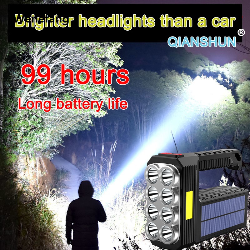 Wenefang Solar Searchlight 3 Lighting Modes Solar Rechargeable Portable Lamp Multifunctional Camping Emergency Luxury Light Outdoor Waterproof Strong Light Cob Torchlight 8 COB Ultra Bright Flashlight