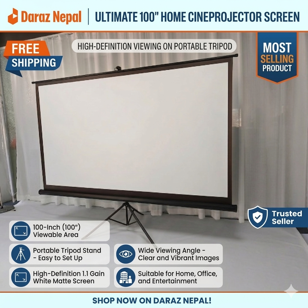 100-Inch Portable Tripod Projector Screen - HD 4K Matte White Projector Screen with Foldable Stand For Home Theater, Office Presentations & Outdoor Cinema