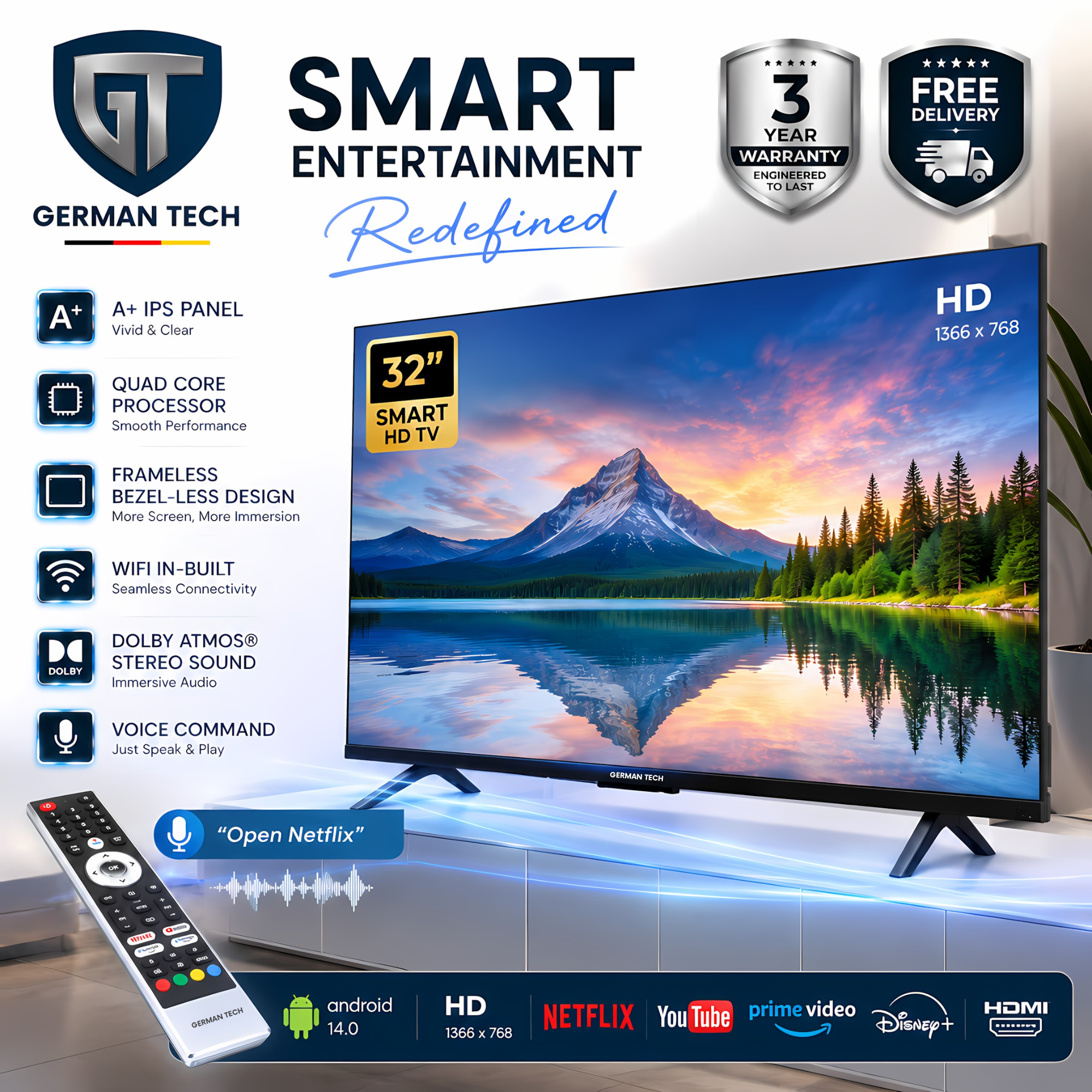 German Tech 32 Inch Smart TV (GT32S109HD) Voice Command | Latest Android 14 | A+ Grade IPS Panel German Technology | Bezel-less Frameless Design | 24W Monster Sound - HD 1366x768 | 3 Years Warranty | 32inch Smart Android Television | Nova Hub