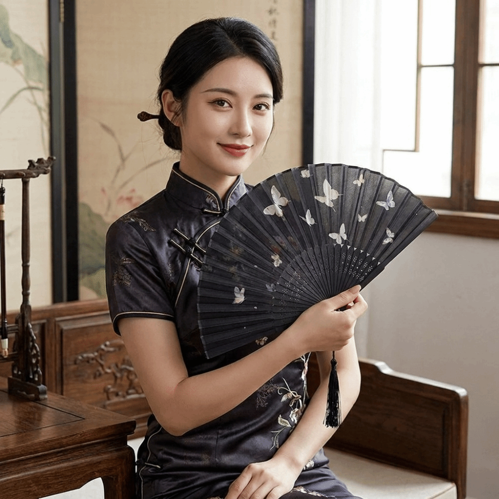 Multifunctional Ancient Style Ink Dan Qing Folding Fan New Chinese Butterfly Pattern Decorative Fan with Tassels Portable Handheld Fan Picnic