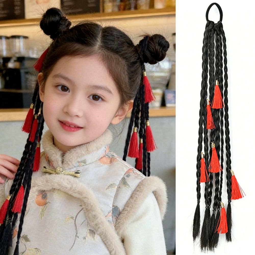 Traditional Ancient Red Tassel Ponytail Hair Bands Hair Ornament Ponytail Hairpiece Chinese Style Wig Ponytail Cute Natural New Year Headwear Girls