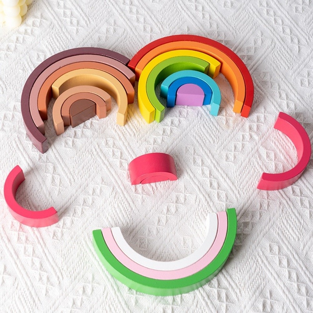 Funny Wooden Rainbow Building Blocks DIY Rainbow Colors Wood Stacker Toy Stacking Design Color Cognitive Arch Bridge Blocks Children Learning