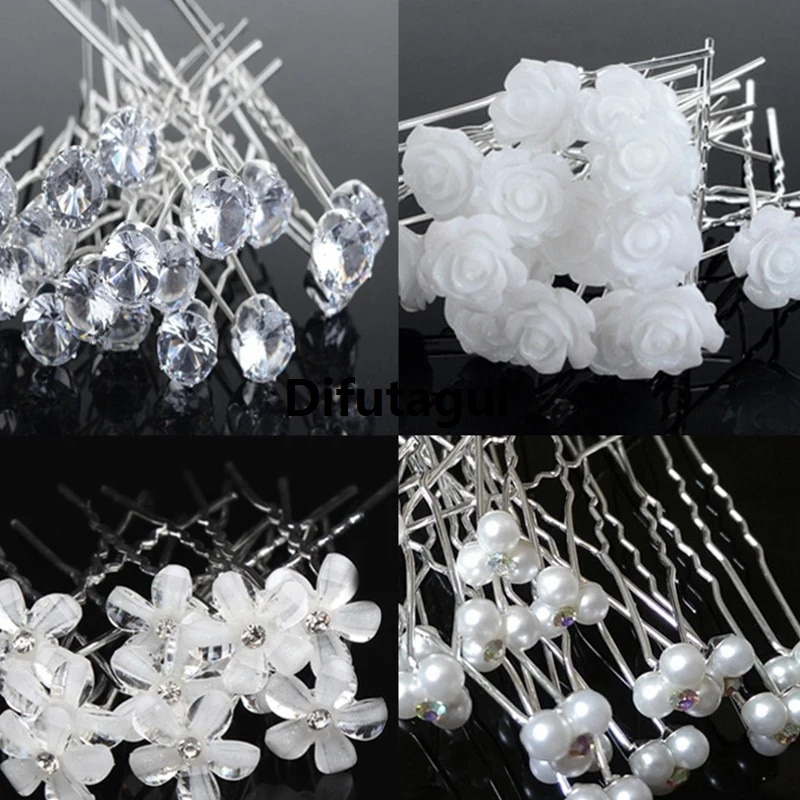 Difutagui New specials 20pcs Women Flower Hairpin Stick Wedding Bridal Crystal Pearl Sales promotion Hairpin U Shaped Hair Clip Barrettes Hair Accessories Wholesale