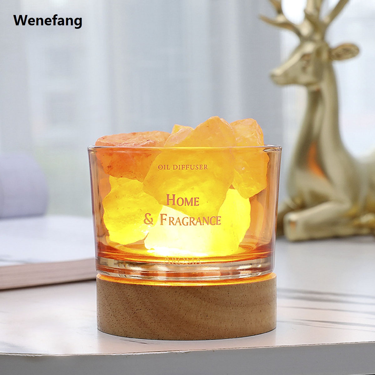Wenefang 1pcs Stone Diffuser Natural fragrant crystal stone wooden luminous base for home decoration bedroom living room use