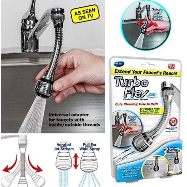 Turbo Flex Stainless Steel 360 Instant Hands-Free Flexible Chrome Finish Faucet Swivel Spray Sink Hose for Bathroom, Kitchen Water Extender Connector (6-Inch, Silver)