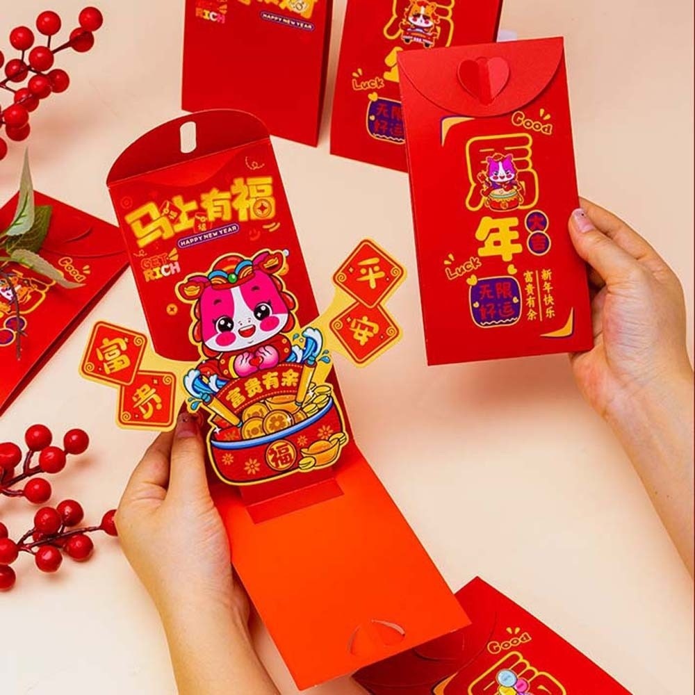 6PCS Storage Bag Traditional Spring Festival Red Envelope Year of The Horse Flat Design Children's Money Bag Bonus Blessing Red Wallet Kids Gift