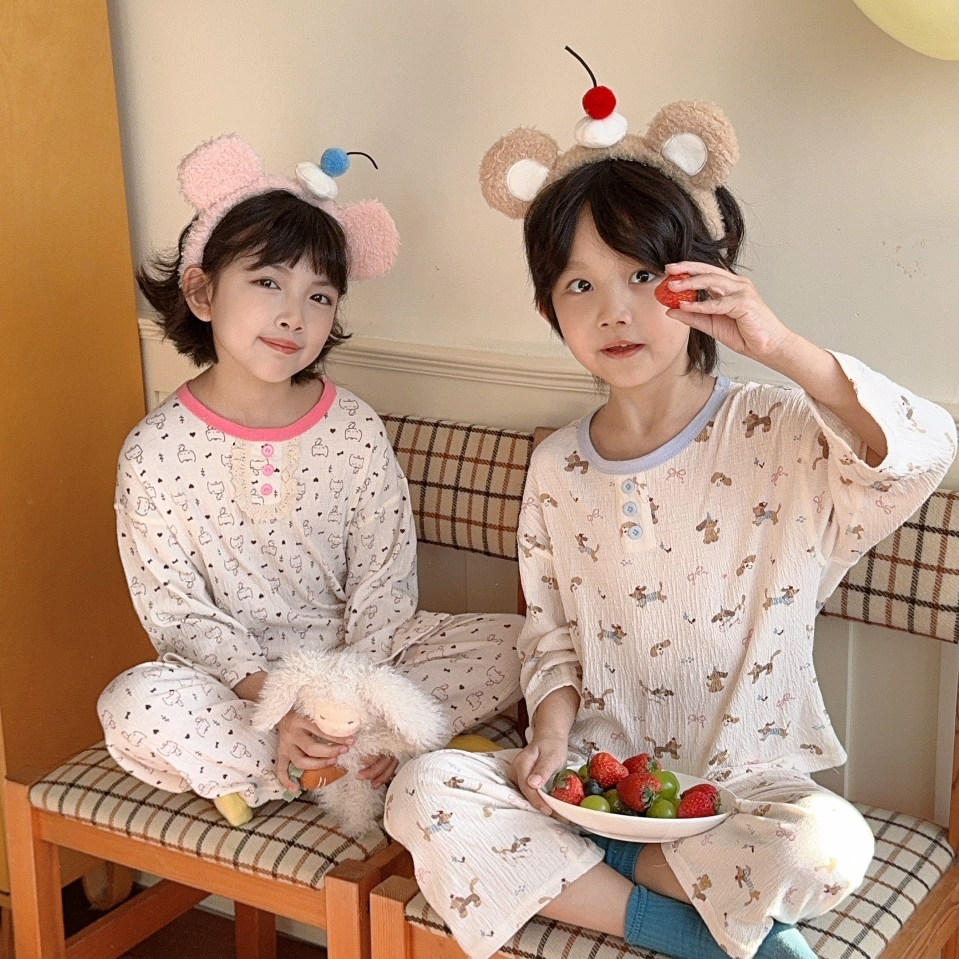 2025 Children's Pajamas Boys Girls Spring Summer Stretch Cotton Yarn Loungewear Baby 7A Antibacterial Air Conditioner Suit Set