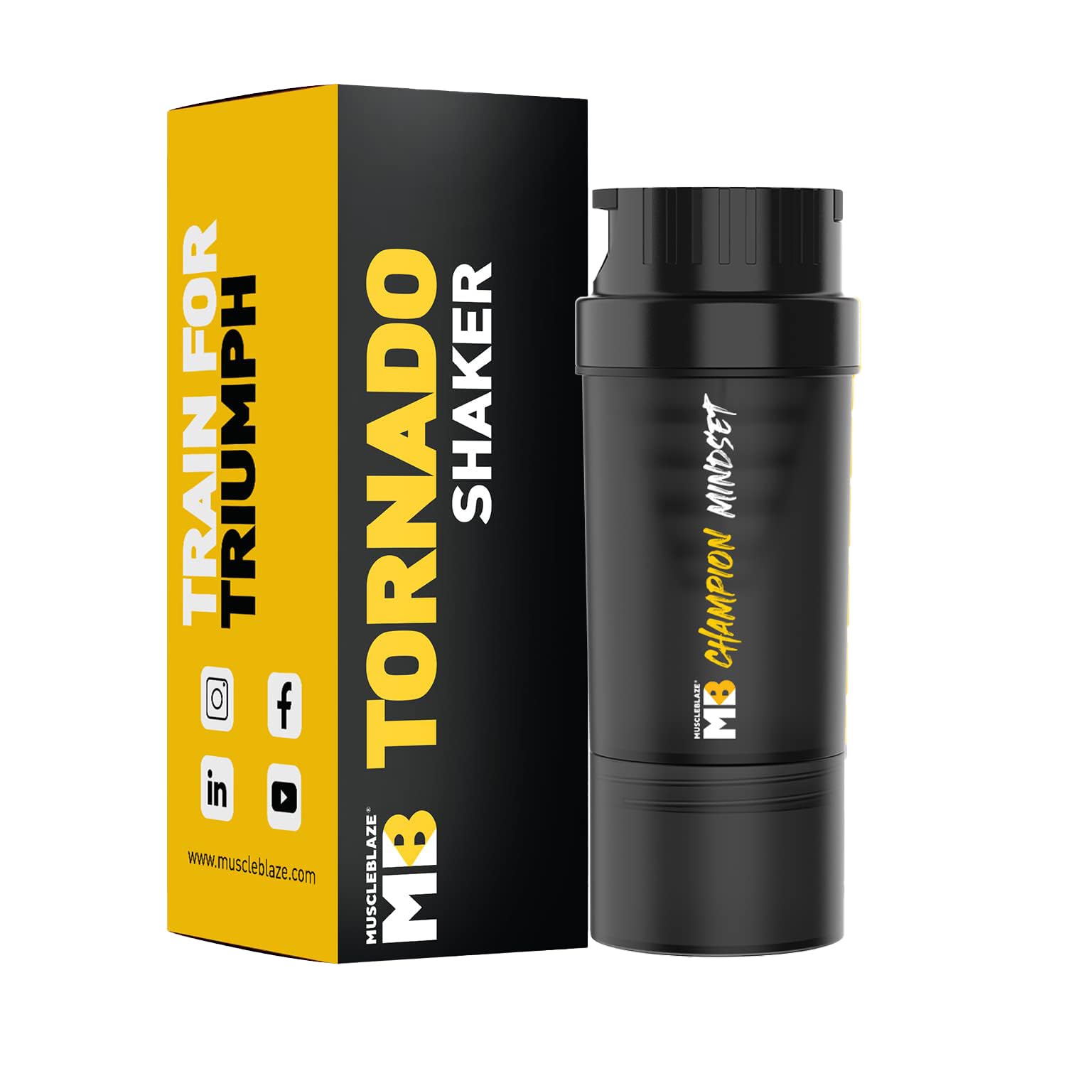 MuscleBlaze Tornado Gym Shaker Black 500ml Sipper Bottle with Extra Compartment Leakproof BPA Free Protein Shaker Plastic