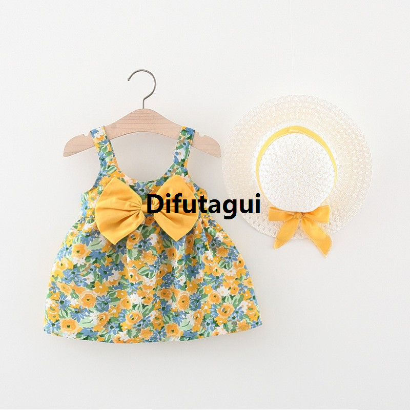 Difutagui Fashion Hat bow new dress girls children's clothes set 2 pieces 2025 / summer Korean version suspender flower beach skirt