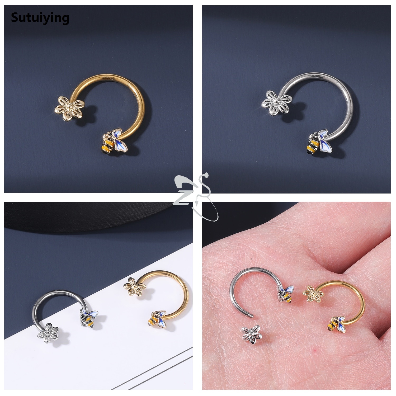 Sutuiying 1pc Moon Star Nose Ring Hoop Septum Piercing Stainless Steel Helix Ear Cartilage Earring Tragus BCR Horseshoe Body Jewelry 16G