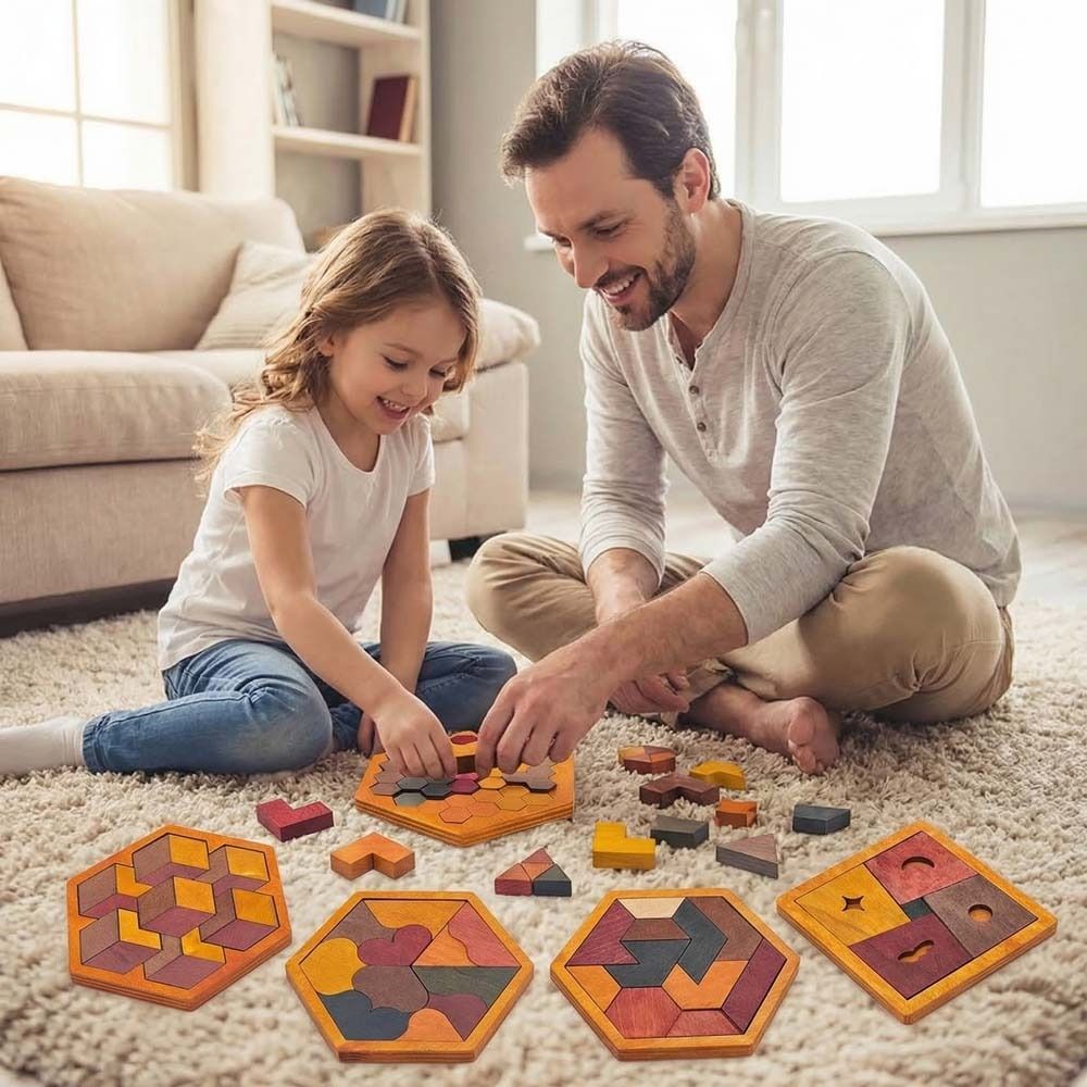 Educational Toys Pattern Cognitive Wooden Tangram Puzzle Interactive Logical Thinking Montessori Puzzles Toys Hexagonal Challenges Jigsaw Puzzle Board Parent Child