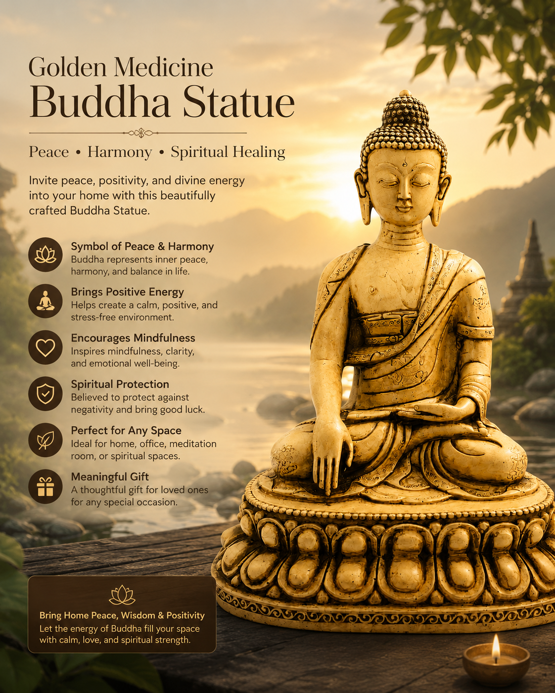 Premium Golden Buddha Statue - Spiritual Home Decor for Peace, Calm & Positive Energy