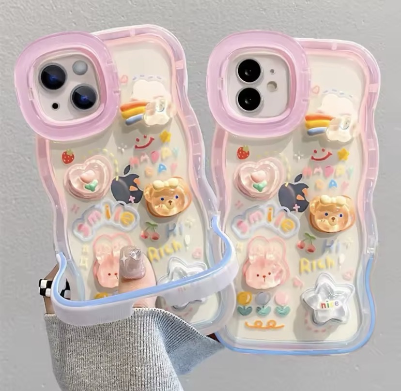 Masala Beads Kawaii Sanrio Cute Cartoon 3D Bracket I- Phone Case Shockproof Bumper Transparent Back Cover Y2K Flower Cherry Teddy Rainbow Holder Stand Clear Cases Hard Covers