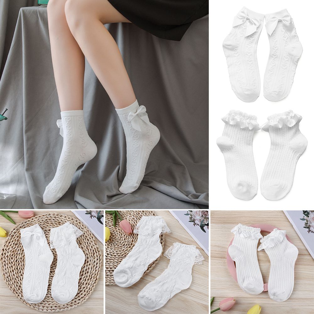 Sweet Girls Lolita Lady JK Socks White Lace Socks Pure Cotton Bowknot Socks