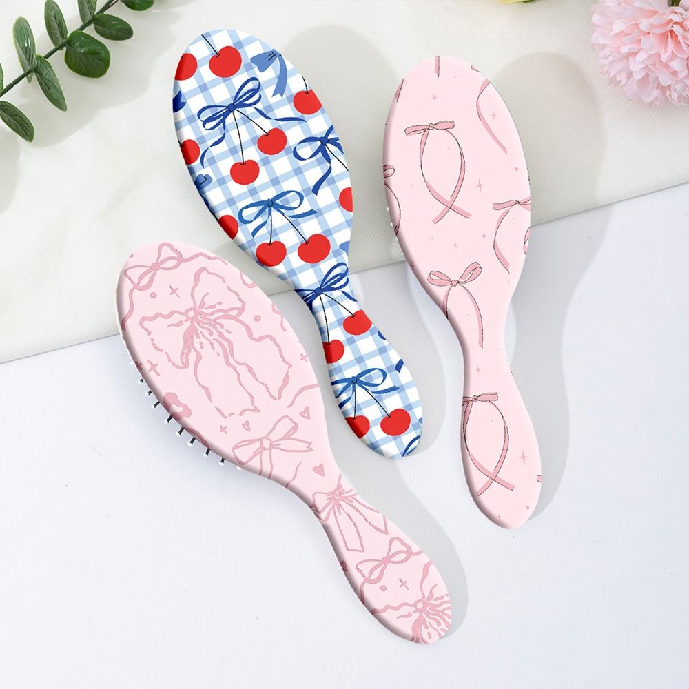Durable Oval Air Cushion Hair Brush Bowknot Cherry Pattern Cute Scalp Massage Comb Anti-Static Plastic Portable Hair Comb for Women & Girls