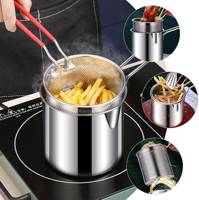 Stainless Steel Deep Fryer Pan with Strainer Portable Fryer Pot Mini Fryer Food Basket Small Pot with Handle for Frying Fish Shrimp Chicken and Fries