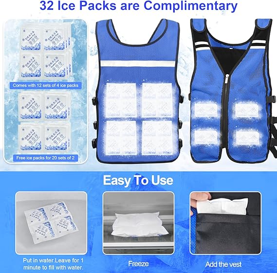 Adjustable Cooling Vest for Unisex - Reflective Ice Vest with 20 Reusable Ice Patches - Holds Up to 8 Ice Packs - 3-5 Hour Cooling Relief for Hot Weather, Outdoor Work & Sports