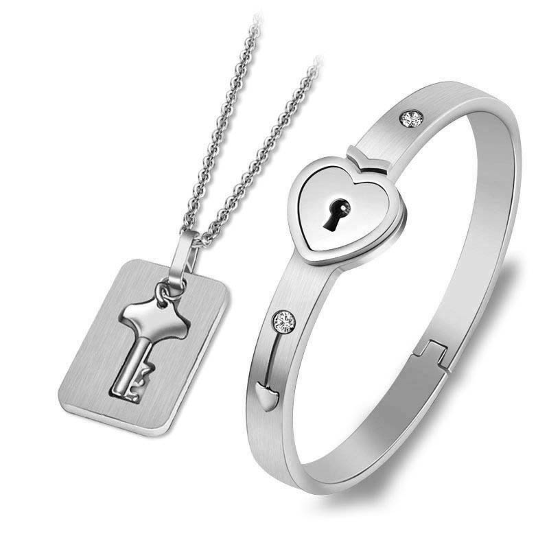 New specials Black Heart Bracelet Choker Set Jewelry Stainless Steel Key Pendant Necklace Women Men Lover Couples Valentines Day Gift