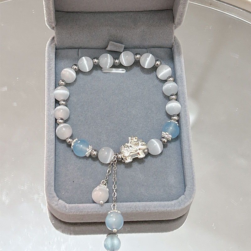 【New Arrivals】Original Design Pi Xiu Cat Eye Bracelet Female Ins Entry Luxury Niche Aquamarine Grey Moonlight Crystal Bracelet