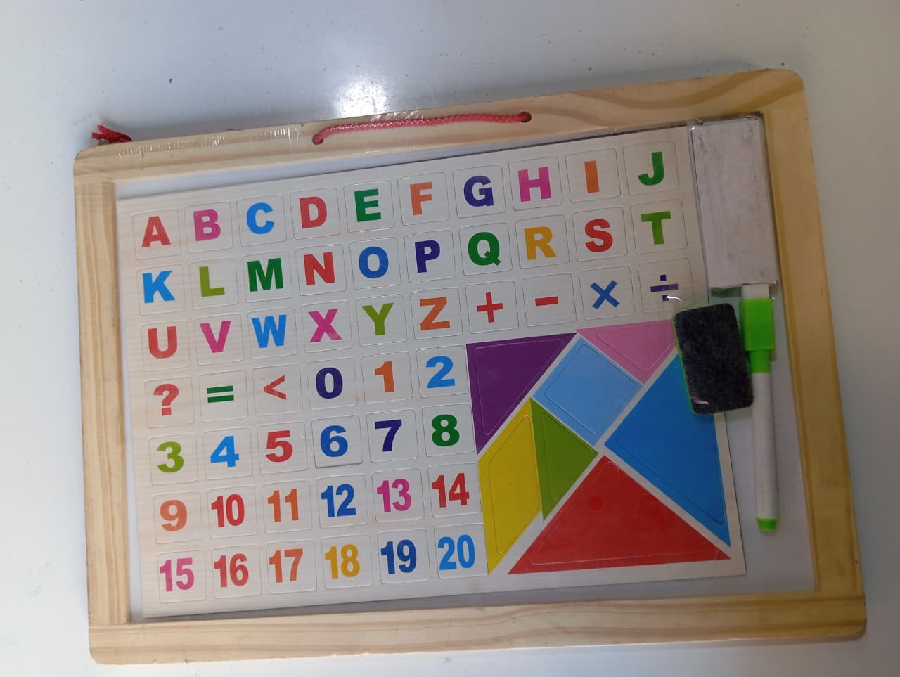 Wooden Frame Double Sided Magnetic White & Black Board for Kids | 2-in-1 Learning Board with Tangram, Alphabets, Numbers, Chalk, Marker & Eraser | Educational Toy for Toddlers
