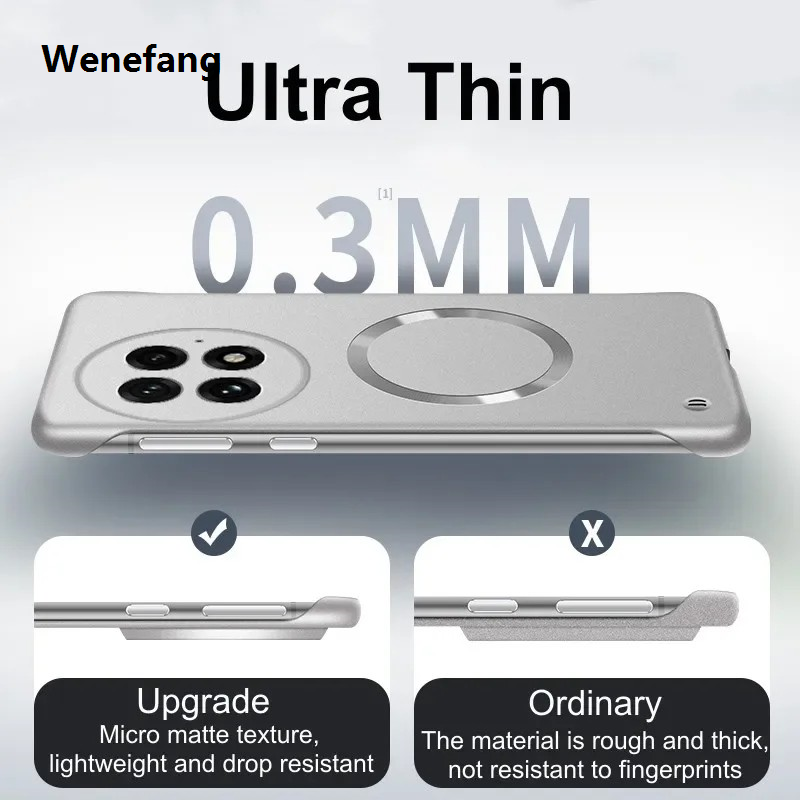 Wenefang Luxury Ultra Thin Metallic Frameless Magnetic Phone Case For Oneplus 13 13R 12 12R 5G Magsafe Matte Shockproof Protect PC Cover