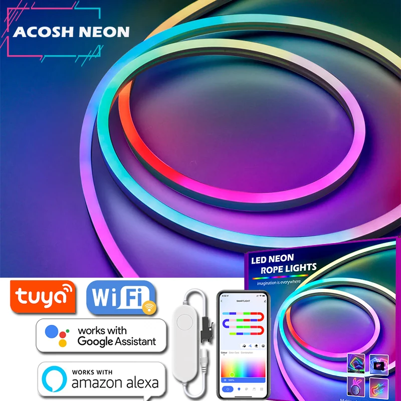 TUYA LED Neon Strip Lights WiFi RGBIC LED Strip Dreamcolor Chasing Effect Flexible Tape Smartlife App Work with Alexa Google Bles Online DZ-17A-24