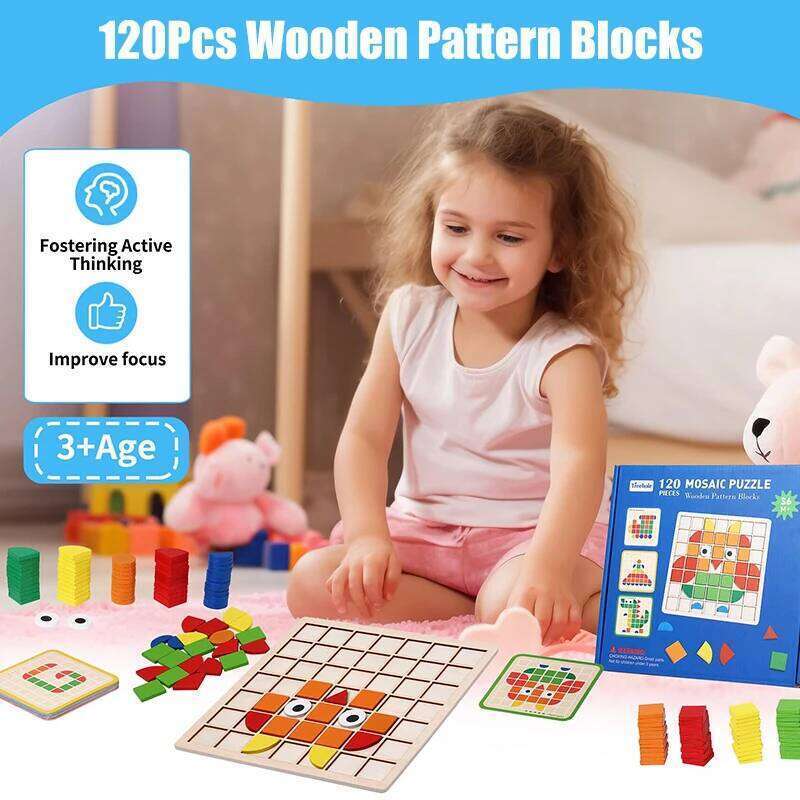 Geometric Shapes Toys With 120Pcs Wooden Puzzle Blocks 20Pcs Cards Colorful Educational Gifts For Kids Ages 3 And Up