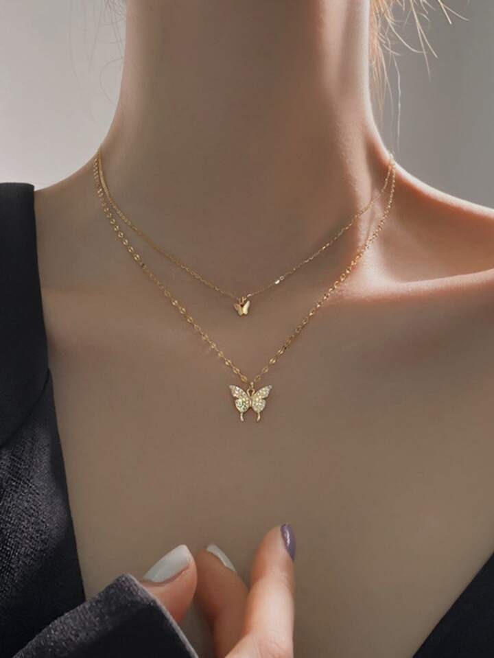 1 Piece Sterling Silver & Gold Double Layered Butterfly Clavicle Pendant Chain Necklace - Best Gift Ever