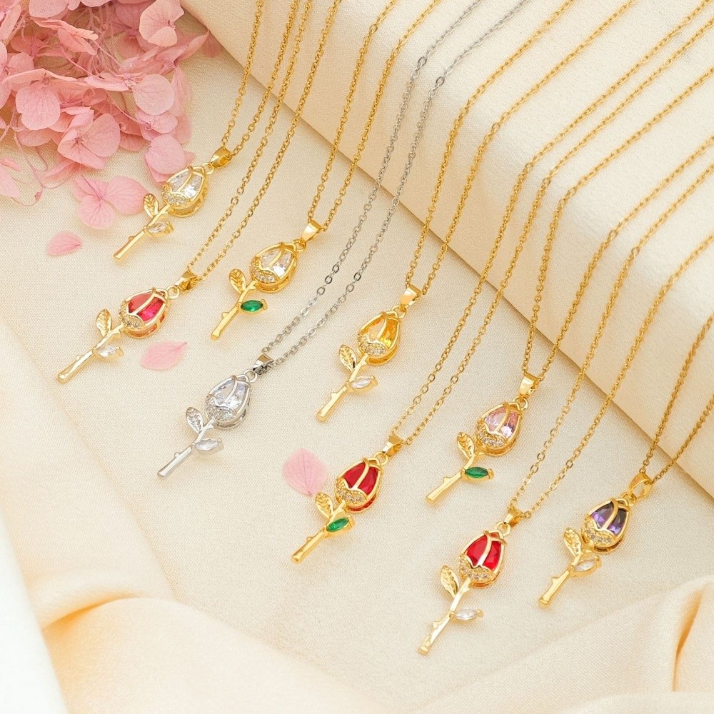 New Elegant Tulip Flower Pendant Necklace Layered Sweet Style Pendant Trendy Design Minimalist Stainless Steel Choker Wedding