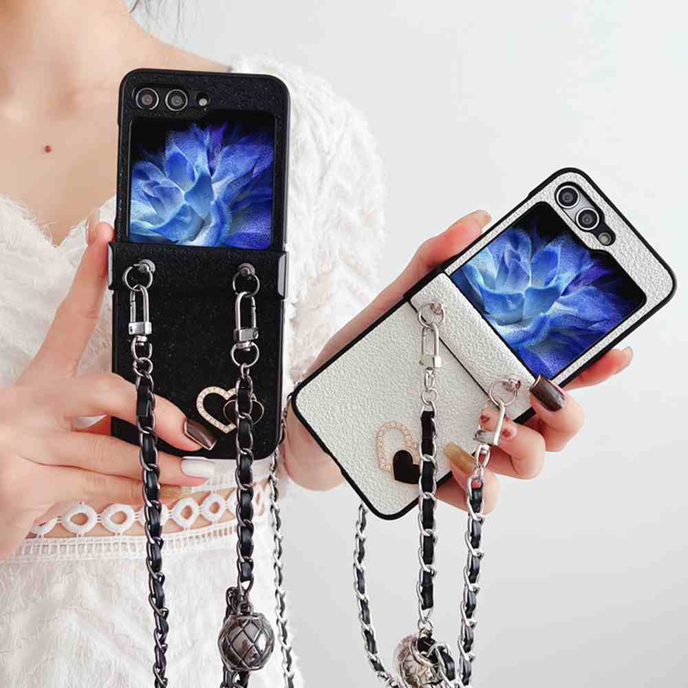 HODON Crossbody Strap Lanyard Heart Glitter Phone Case for Samsung Gaalxy Z Flip 6 5 4 3 Flip3 Zflip5 Z Flip6 Cases Luxury Hinges Shockproof Cover
