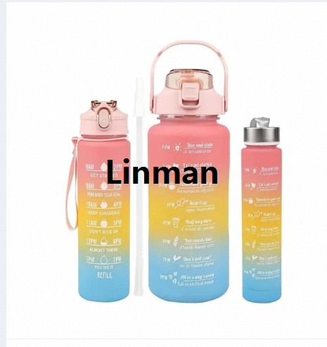 Linman 3 in 1 Set Water Bottle 2000ml 900ml 300ml Portable Gradient Color Pla stic Water Cup Large Capacity Straw Cup Outdoor Travel Gym Fitness Jugs