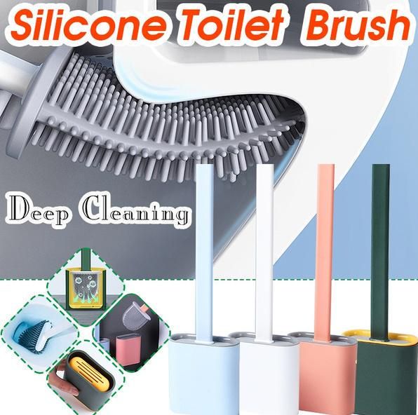 Silicone Toilet Brush With Holder Set Flat Head Flexible Soft Bristles Brush with Quick Drying Holder Set for Bathroom Accessory