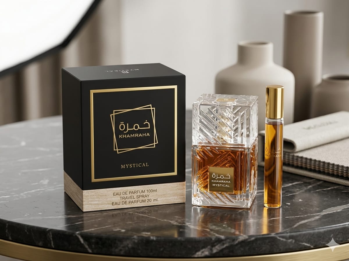 Khamrah Mystical Eau de Parfum set, 100ml bottle and 20ml travel spray.